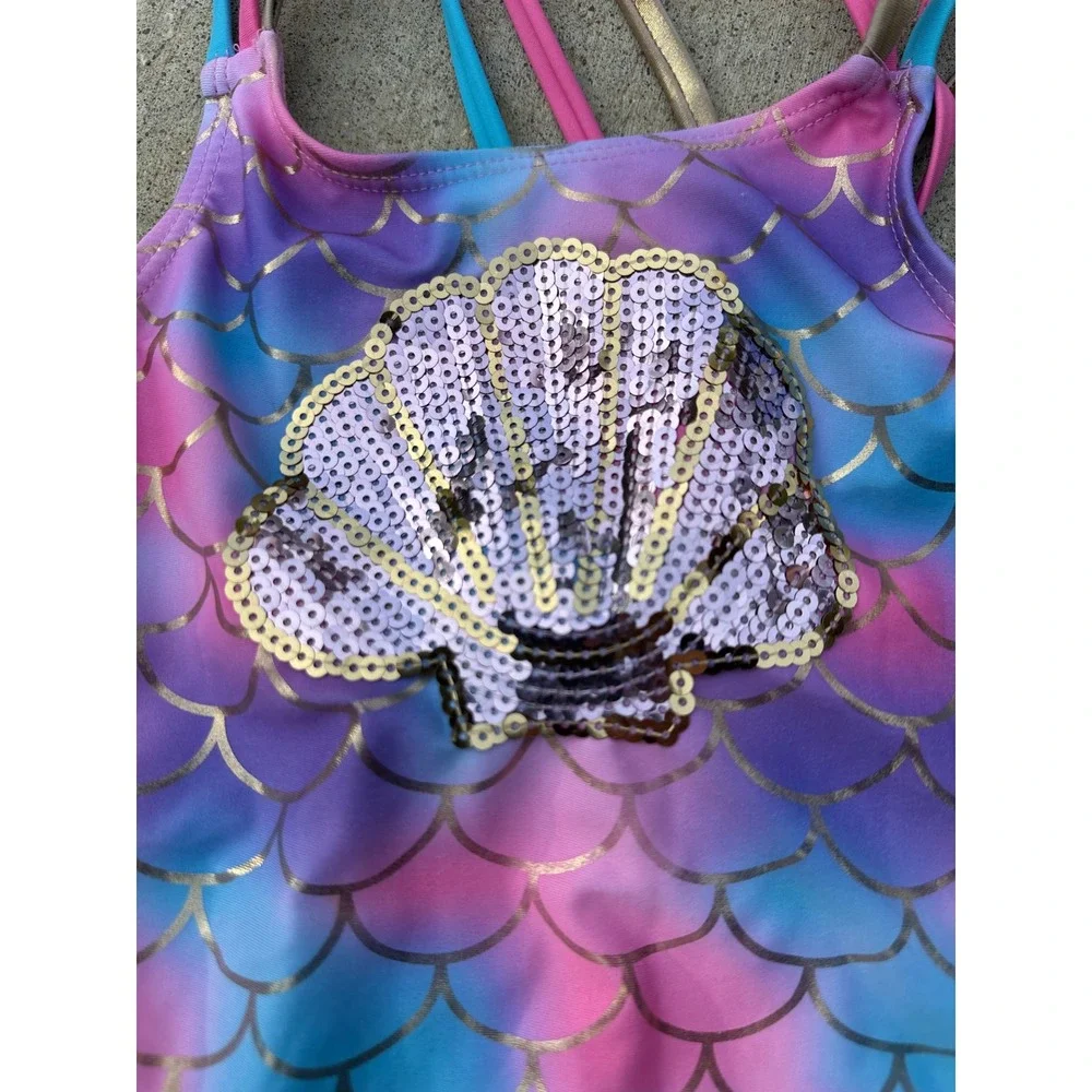Betsey Johnson‎ Girls Mermaid Scale One Piece Swimsuit Pink Blue Sequin Shell 6X